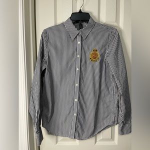 Lauren Ralph Lauren Preppy Stripe Button Up Elk Crest Logo Career Shirt sz Med.